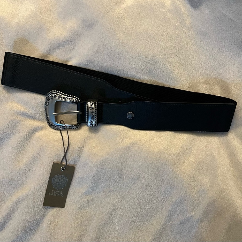 Vince Camuto Black Belt with Ornate Silver Buckle